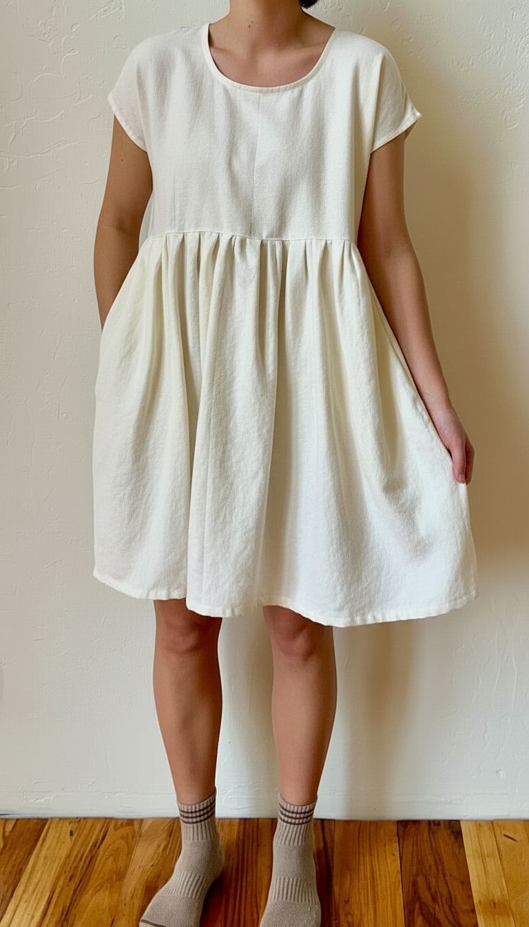 Person wearing a white hemp sundress against a plain background