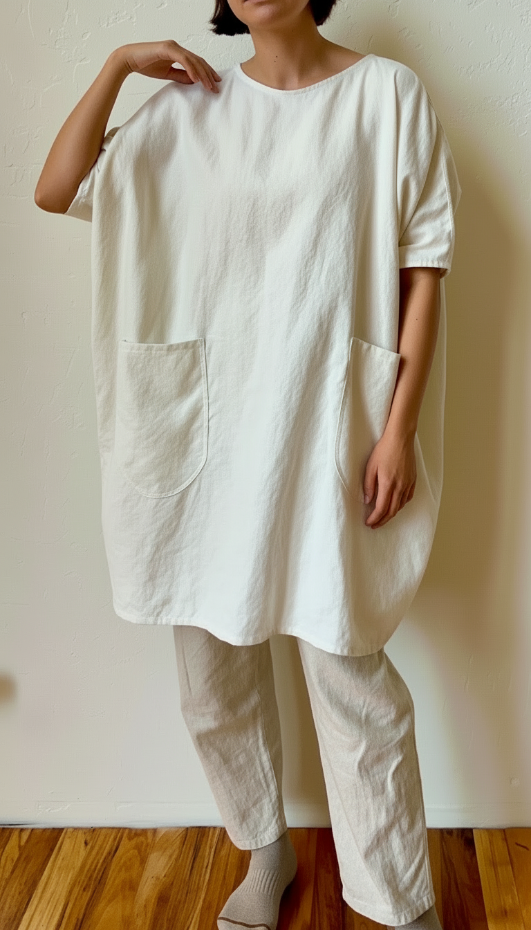 Person wearing a beige oversized shirt and pants against a plain wall.